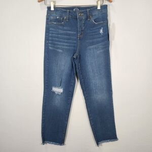 Blue Cropped Jeans with Distressed Details